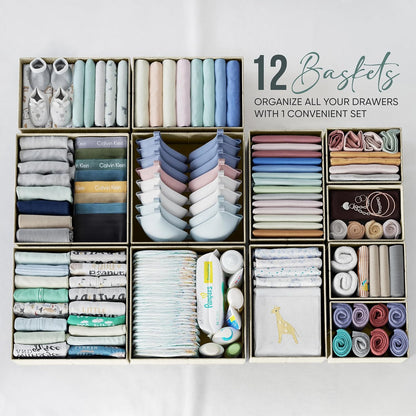 Drawer Organizer Clothes Set of 12 Grey - Dresser Organizer For Nursery, Bedroom, Closet - The Perfect Baby Clothes Organizer and Storage & General Nursery Organization or Dresser Drawer Organizers