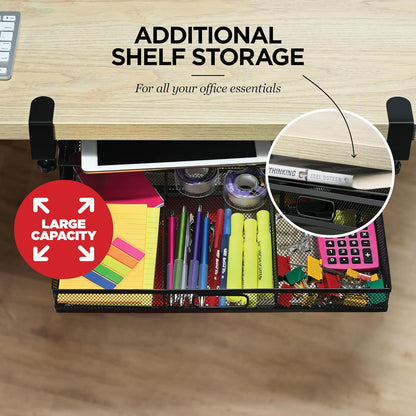 Under Desk Drawer Organizer Clamp-On, Mesh Metal Attachment, 1 Drawer Slide Out, On or Under Desk Organizer for Office Supplies & Home Essentials