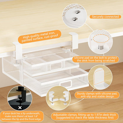 Sliding Under Desk Drawer Organizer No Drilling 2 Drawers Slide Out Desktop Or Under Table Storage Metal Clamp On Desk Drawer Attachment Anti-Slip Desktop Organizer for Home & Office, White