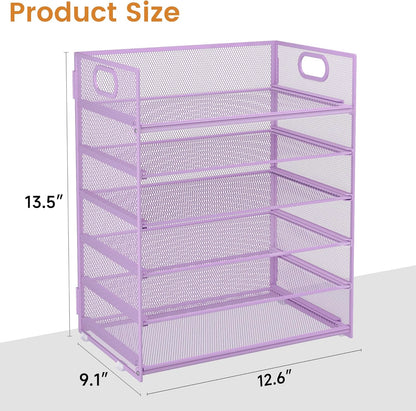 Subekyu 6 Tier Office File Paper Desk Tray Organizer with Handle, Stackable Slide Mesh Letter Tray Folder Blue Desk Organizer, Desktop Document Sorter for Classroom, Office, Home Supplies Storage