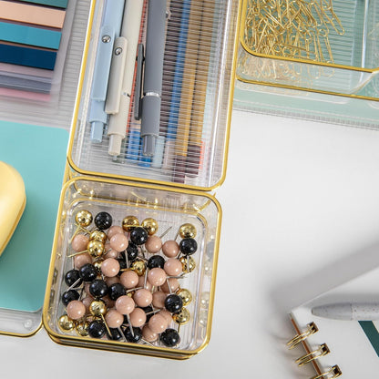 Martha Stewart Kerry Plastic Stackable Office Desk Drawer Organizers, Set of 8, with Gold Trim