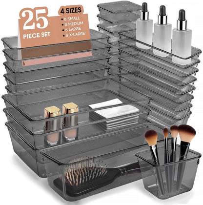 Clear Acrylic Drawer Organizers Set Storage for Makeup, Office Desk Small Vanity Trays for Drawer Bathroom Plastic Make up Organizers 25 Pcs