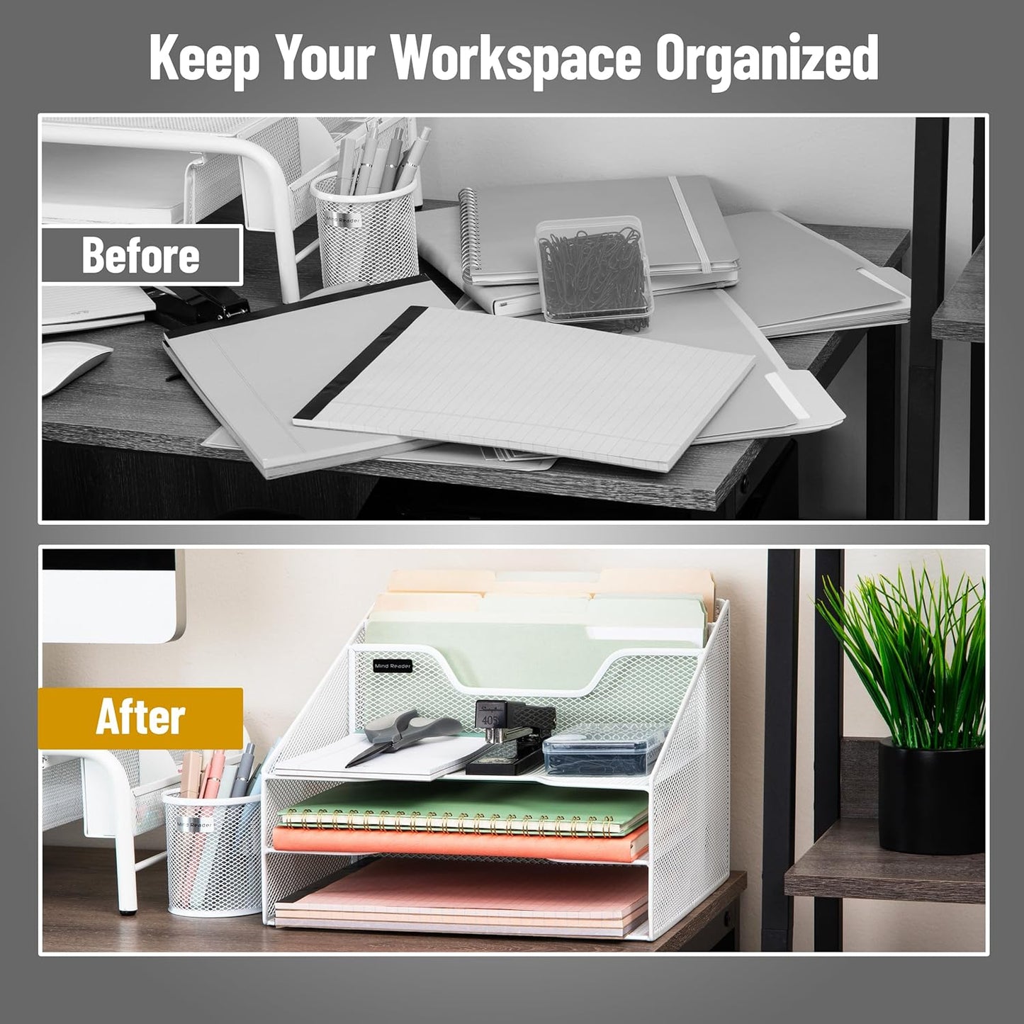 Mind Reader Metal Mesh Desktop File Organizer, 3-Tier Paper Tray with 5 Compartments, Office Mail Sorter, White