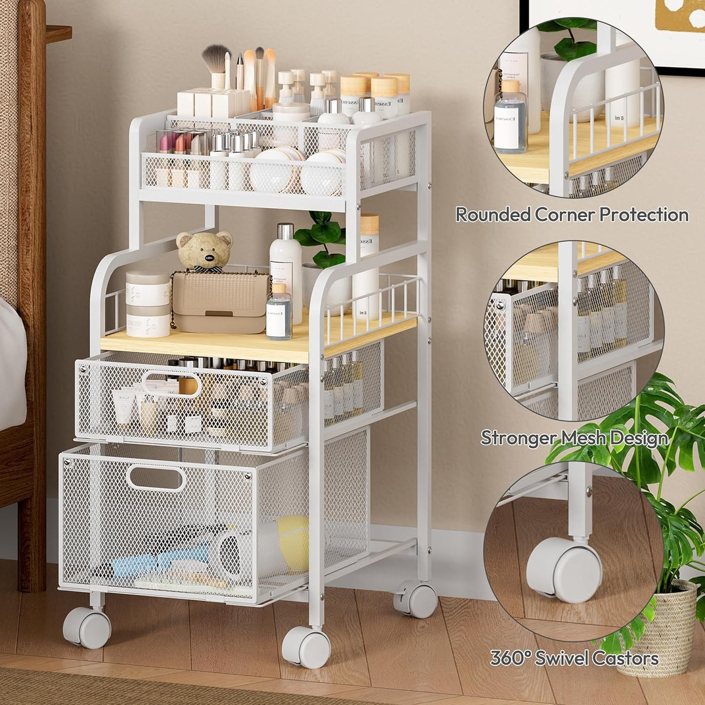 SWTYMIKI Rolling Cart with Drawers - Metal Utility Cart with Wood Shelf, DIY Divider and Locking Wheels, Craft & Art Cart Organizer for Under Desk Storage for Home Office Studio, Espresso