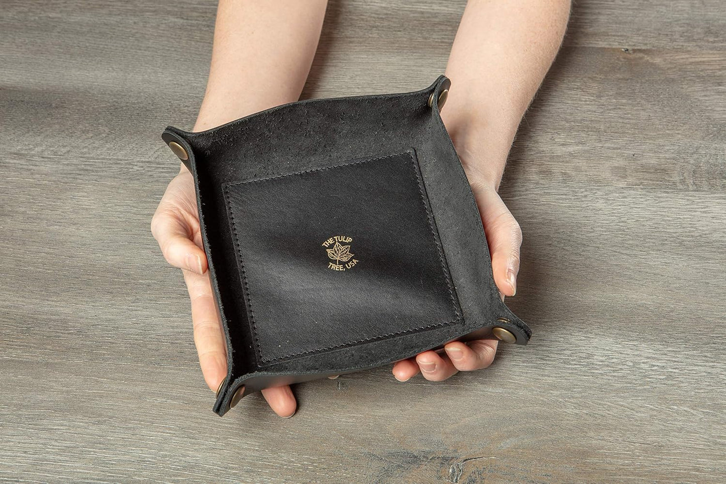 USA Handmade Premium Leather Valet Tray, Folds Flat! Dice Rolling Basket and Organizer with Brass Snaps - Reinforced Base - for Keys, Jewelry, Coin, EDC, Watch Storage Caddy - Black XLarge