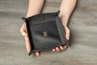 USA Handmade Premium Leather Valet Tray, Folds Flat! Dice Rolling Basket and Organizer with Brass Snaps - Reinforced Base - for Keys, Jewelry, Coin, EDC, Watch Storage Caddy - Black XLarge