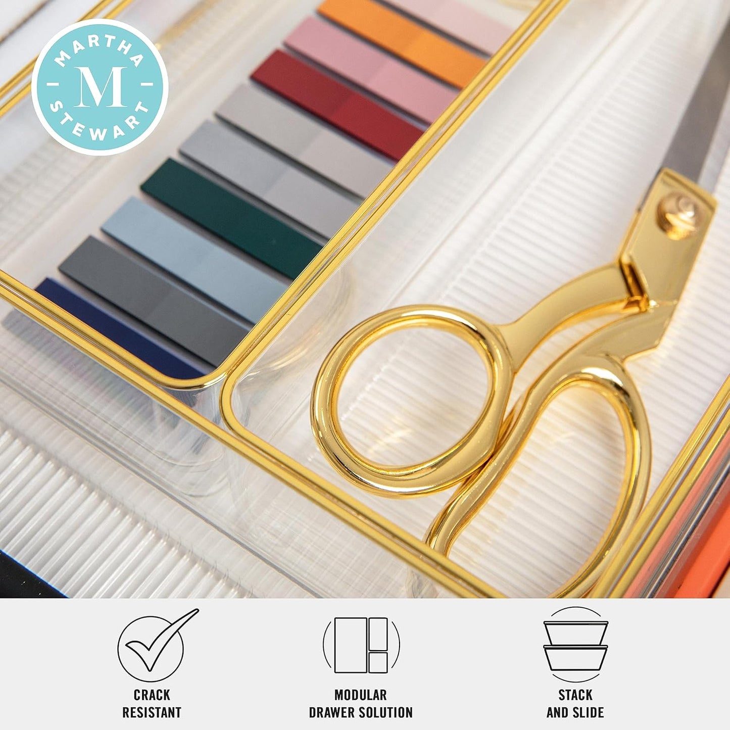 Martha Stewart Kerry Plastic Stackable Office Desk Drawer Organizers, 6" x 3", 6 Pack, with Gold Trim