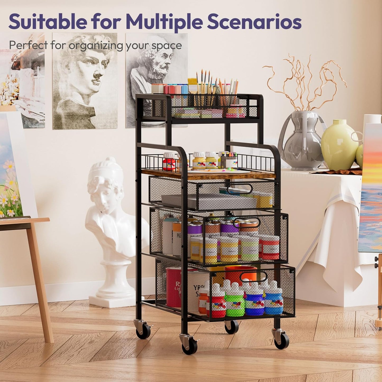 SWTYMIKI Rolling Cart with Drawers - Metal Utility Cart with Wood Shelf, DIY Divider and Locking Wheels, Craft & Art Cart Organizer for Under Desk Storage for Home Office Studio, Espresso