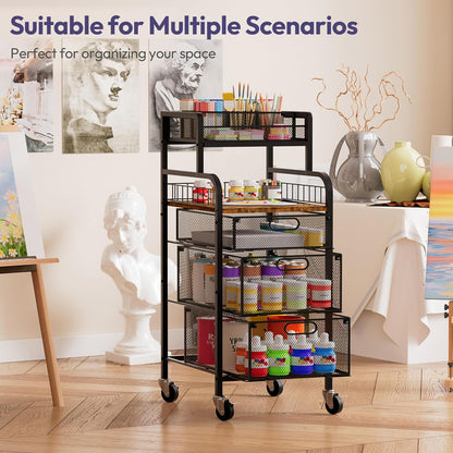 SWTYMIKI Rolling Cart with Drawers - Metal Utility Cart with Wood Shelf, DIY Divider and Locking Wheels, Craft & Art Cart Organizer for Under Desk Storage for Home Office Studio, Espresso