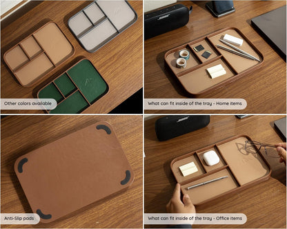 MUUJEE Leather Catchall Multitray (Design 3) - 11.65 x 7.75 x 0.8, Nightstand Entryway Bedside Dump Tray Valet Organizer for Keys Phone Wallet Watch Glasses Pens, Office Desk Accessory for Men, Green