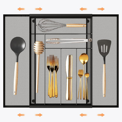 Sedegn Silverware Organizer Metal Mesh, Small Drawer Organizer, Utensil Cutlery Tray for kitchen drawers, Flatware Organizer with 5 Compartment, Black(9.3"*12.6")