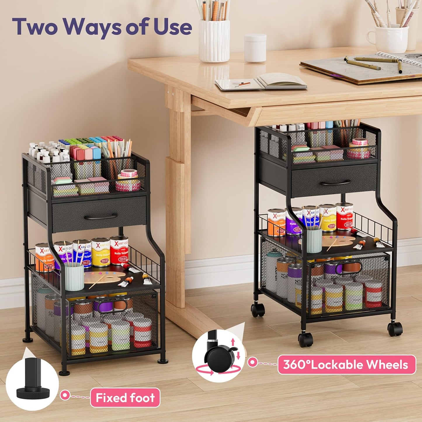 SWTYMIKI Rolling Under Desk Storage - Storage Cart with Drawers & DIY Divider - Art Cart Organizer on Wheels - Craft Rolling Utility Cart for Office, Craft Room & Studio Espresso