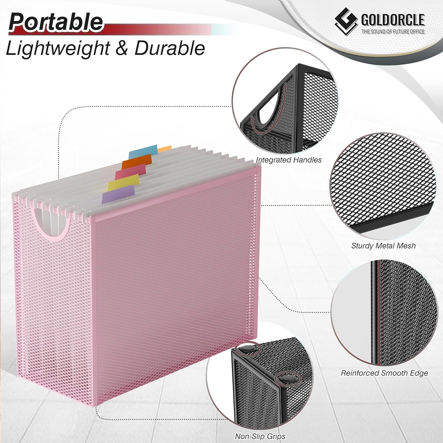 Hanging File Organizer, Letter-Size File Holder Filing Box with 5 Hanging Folders, Metal Mesh Desk File Folder Storage(No Assembly Required) (with 5 Grey Folders)