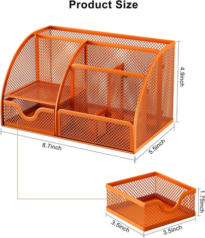 EasyPAG Mesh Desk Organizer with Drawer Multi-functional Pen Holder Stationery Organizer for Office School Supplies 6 Compartments Dorm Organizers and Storage for Desk, Black