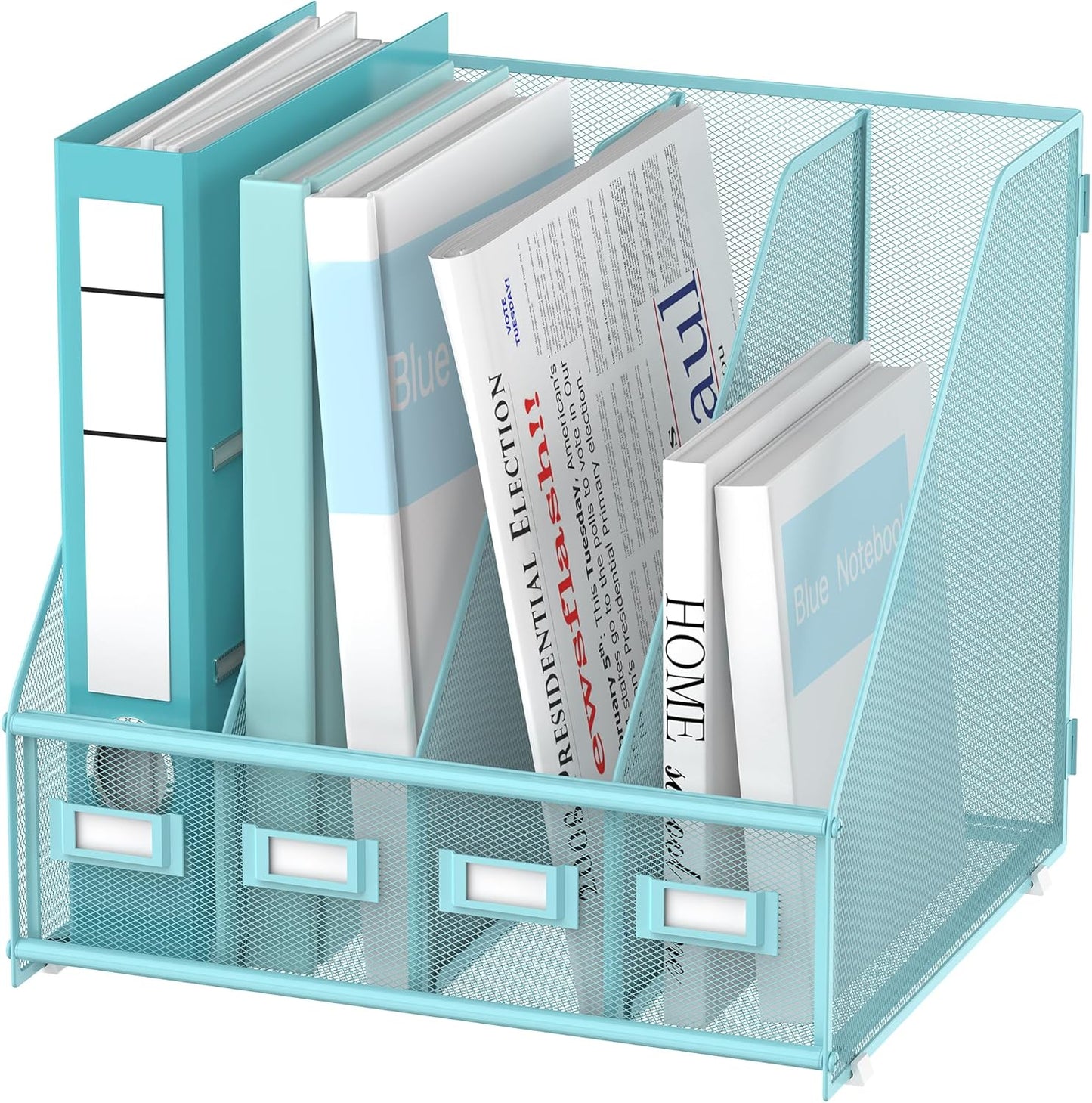 SUPEASY Magazine File Holder, Binder Holder Metal Desk Organizer with 4 Rack Compartments, File Organizer for Office Home School, Black