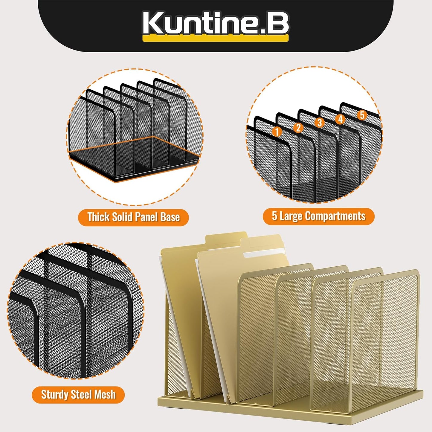 Kuntine.B Desk File Organizer 5 Sections Upright Mesh Desktop Organizer File Sorter Office Organization File Holder for Home, Office & Classroom