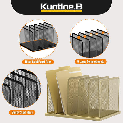 Kuntine.B Desk File Organizer 5 Sections Upright Mesh Desktop Organizer File Sorter Office Organization File Holder for Home, Office & Classroom