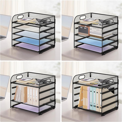 Paper Organizer Letter Tray with Handle, 5-Tier Black Stackable Desk Organizer with Metal Mesh, Sturdy Paper Tray for Office Desk, Home & Classroom Supplies Storage