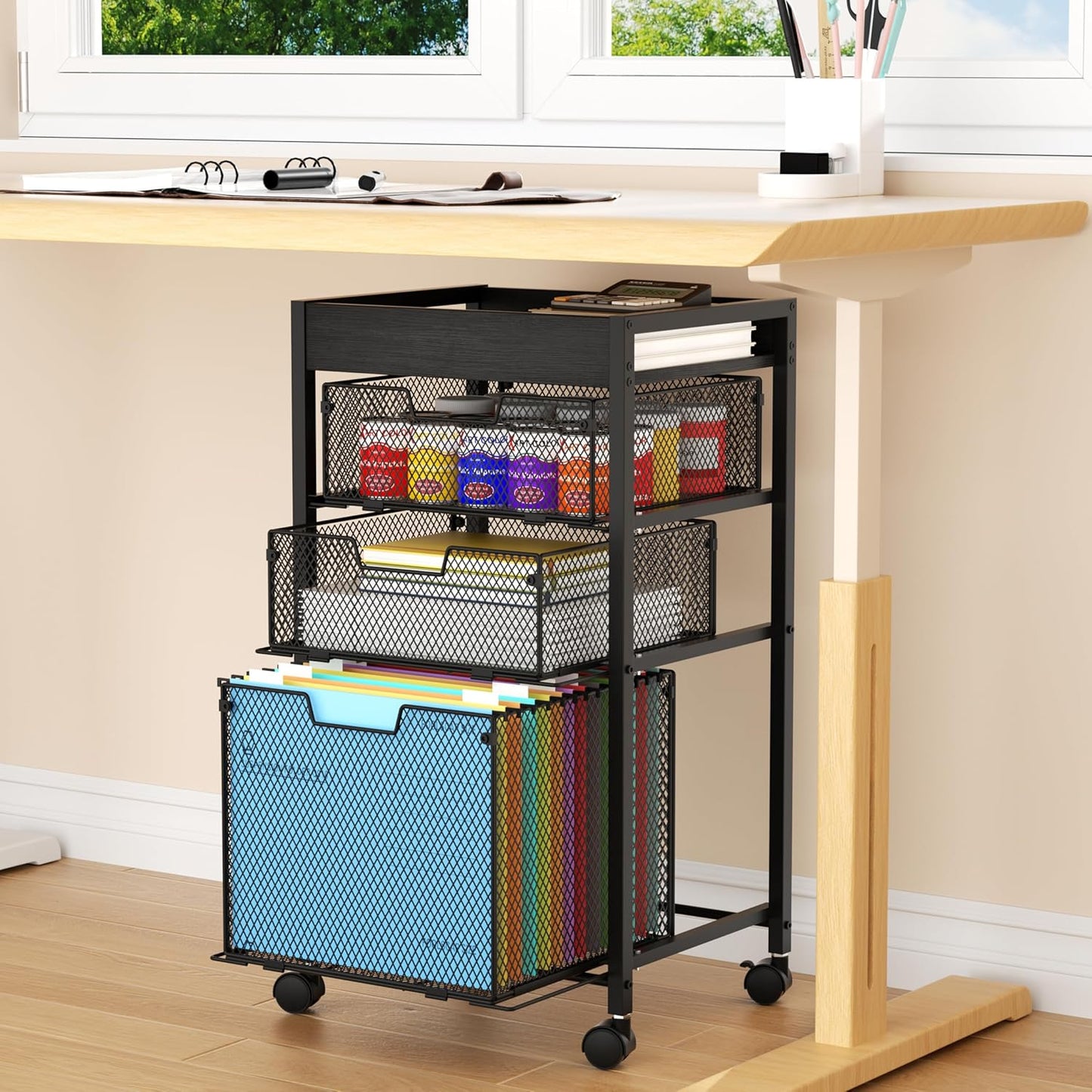 SWTYMIKI Rolling File Cart with Drawers - 4 Tier Under Desk Storage Craft Rolling Organizer Cart - Office Storage &Organization, Mobile Metal Filing Cabinet for Office and Home Espresso