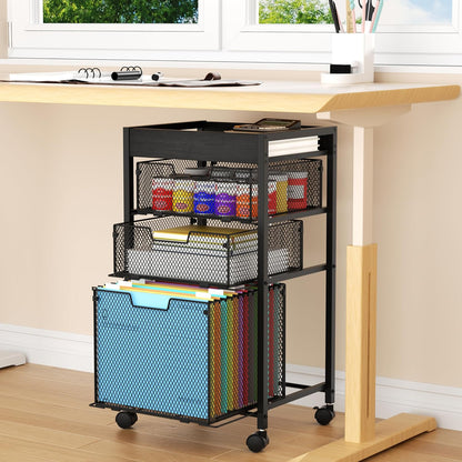 SWTYMIKI Rolling File Cart with Drawers - 4 Tier Under Desk Storage Craft Rolling Organizer Cart - Office Storage &Organization, Mobile Metal Filing Cabinet for Office and Home Espresso