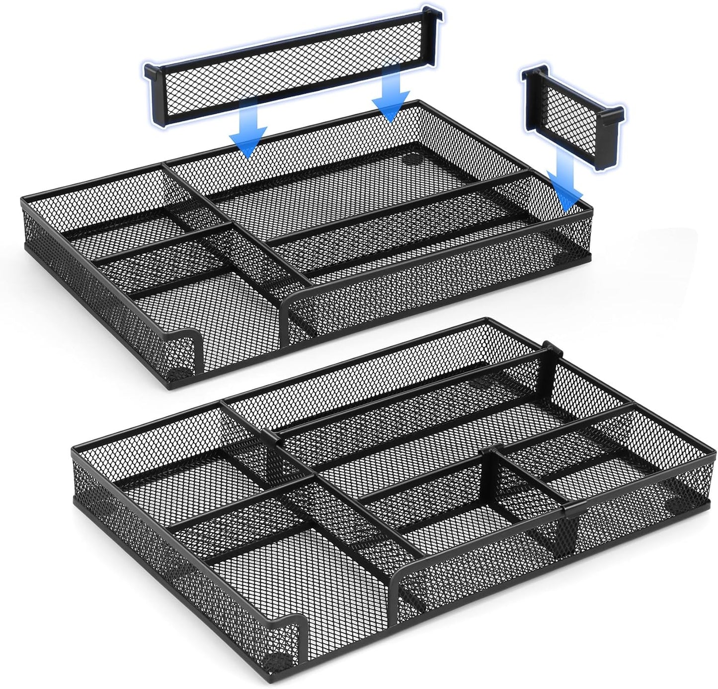 Desk Drawer Organizer, 2 Pack Junk Drawer Organizer Tray with 2 Adjustable Compartments, Desktop Metal Mesh Office Desk Organizer, Multifunction Pen Organizer Set for Office School Makeup Supplies (2)