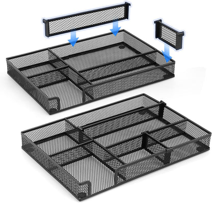 Desk Drawer Organizer, 2 Pack Junk Drawer Organizer Tray with 2 Adjustable Compartments, Desktop Metal Mesh Office Desk Organizer, Multifunction Pen Organizer Set for Office School Makeup Supplies (2)