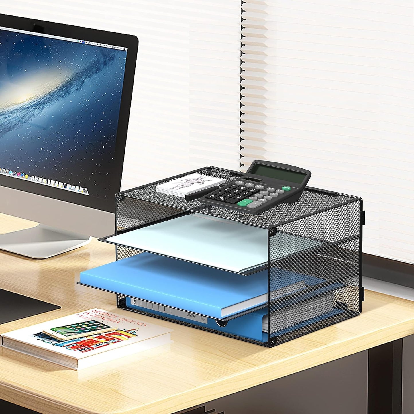 DALTACK 3 Tier Letter Tray Paper Organizer for Desk, Mesh Metal Desk File Organizer with Sliding Trays for Letter/A4 Paper, Mail, Bills & Folders, Black
