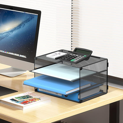 DALTACK 3 Tier Letter Tray Paper Organizer for Desk, Mesh Metal Desk File Organizer with Sliding Trays for Letter/A4 Paper, Mail, Bills & Folders, Black