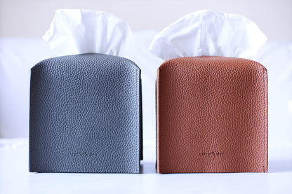 Tissue Box Cover Holder, Square with Bottom Belt by Carrot's Den - PU Leather Decorative Organizer for Tabletop, Bathroom, Car, Office | Beige
