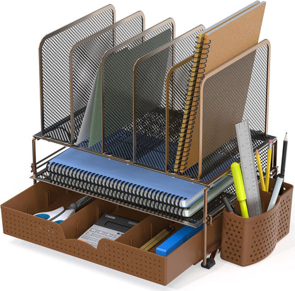 Simple Houseware Mesh Desk Organizer with Sliding Drawer, Double Tray and 5 Upright Sections, Black