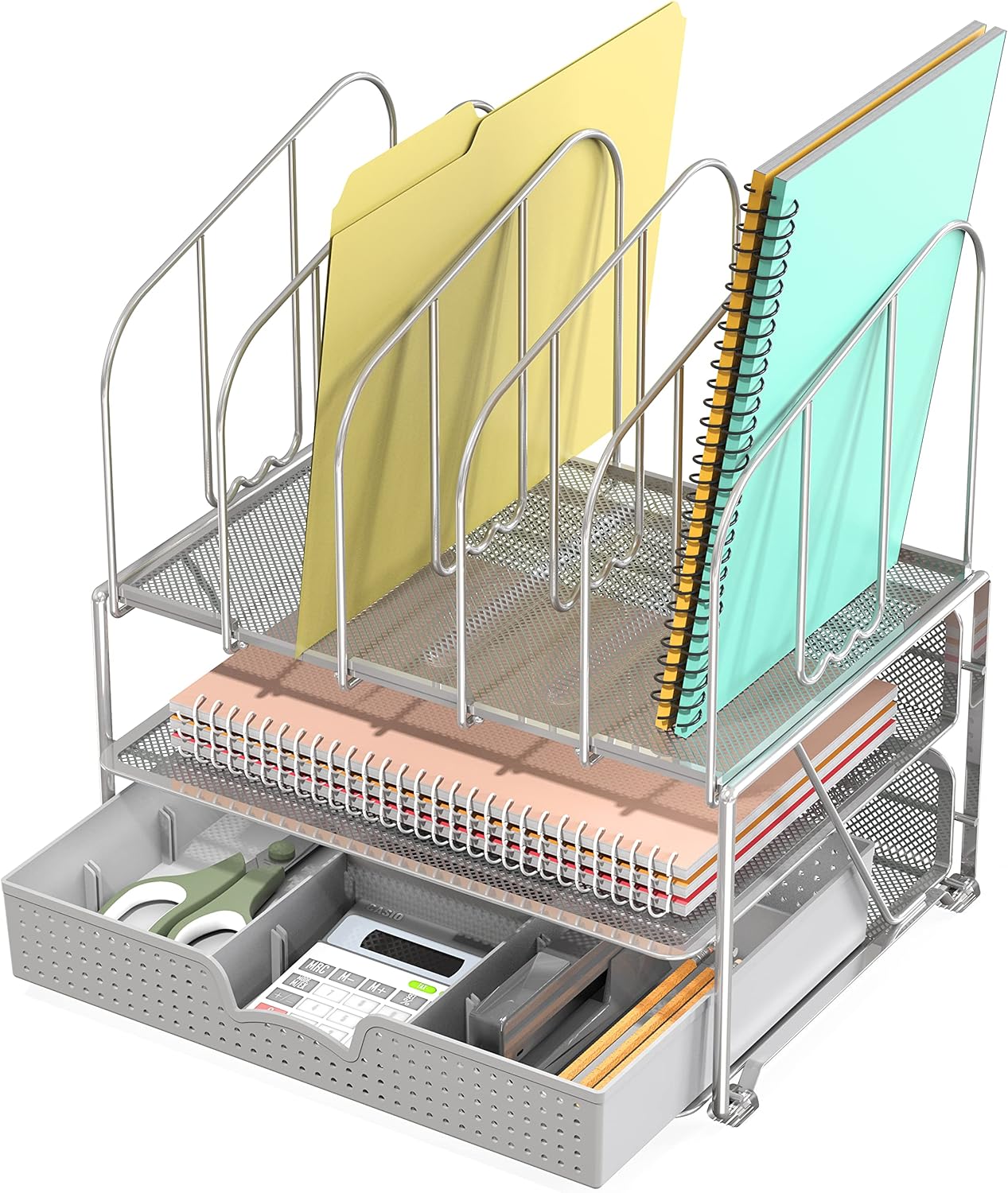 Deco Brothers Mesh Desk Organizer with Double Tray, 5 Upright Sections and Sliding Drawer, Black