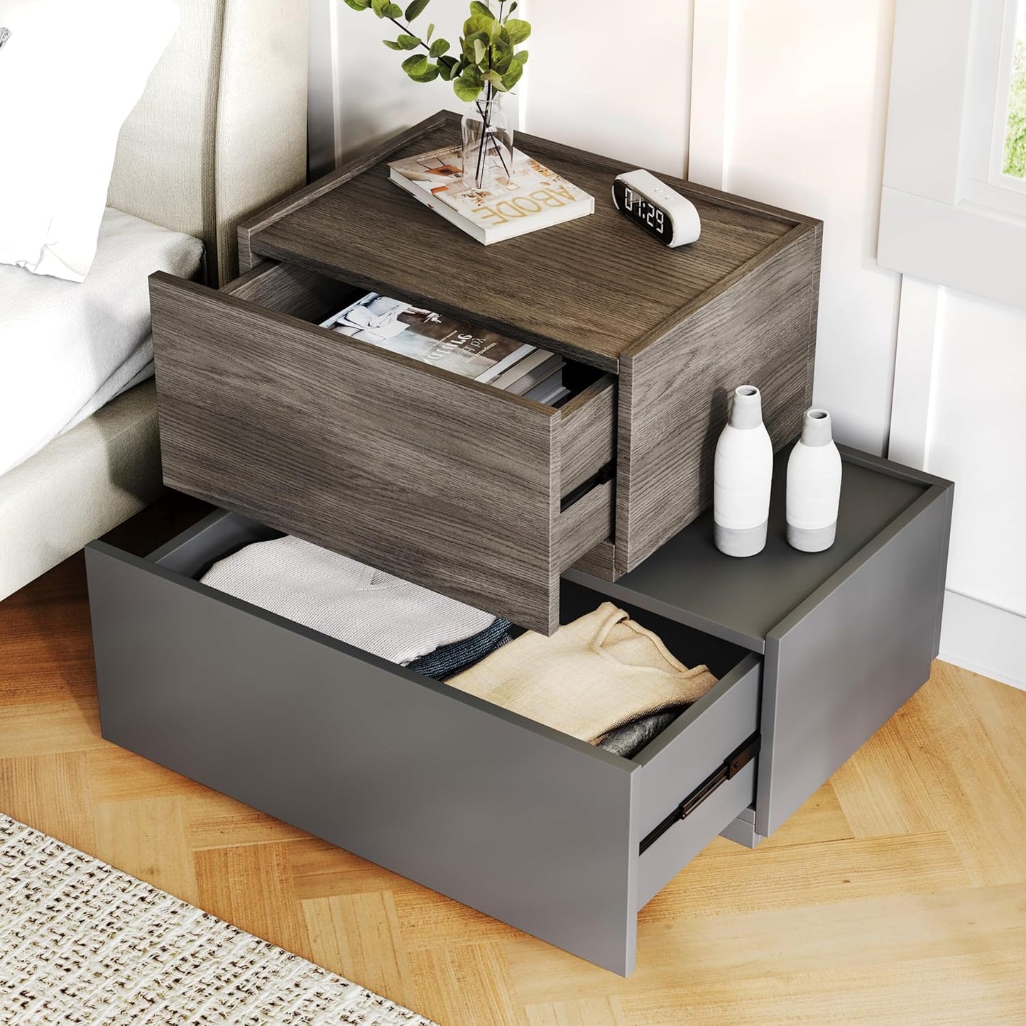 Svimi Modular Stackable Drawers, Modern Nightstand Modular Storage Bins - Storage Cabinet, Bedside Table, Sofa End Table for Living Room Hallway Entryway Grey Small Set 1