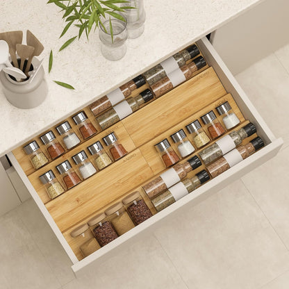 AMBIRD Spice Drawer Organizer, 4 Tier-2 Set Clear Spice Rack Tray Expandable From 11'' to 22'', Seasoning Organizer with non-slip tape for Kitchen, Cabinet, Drawers, Countertop(JARS NOT INCLUDED)