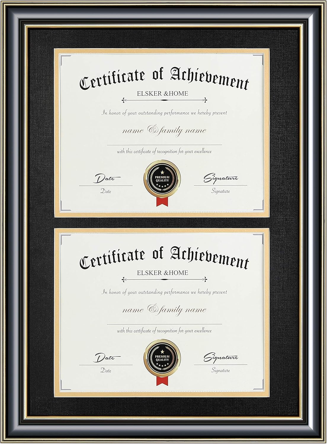ELSKER&HOME Diploma Frame - Wide Solid Wood Frame - Black Velvet Golden Rim Mat - Semi-Tempered Glass - Includes Hanging Hardware and Desktop Easel(ONLY Display 11×14 Document/Certificate)