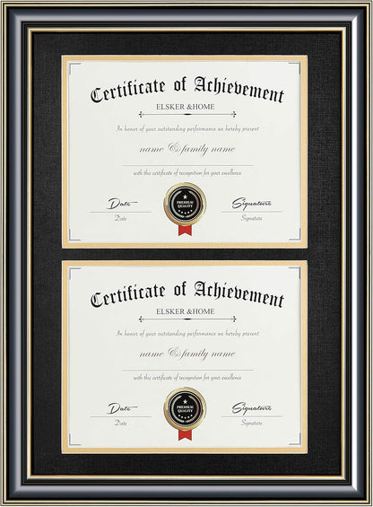 ELSKER&HOME Diploma Frame - Wide Solid Wood Frame - Black Velvet Golden Rim Mat - Semi-Tempered Glass - Includes Hanging Hardware and Desktop Easel(ONLY Display 11×14 Document/Certificate)