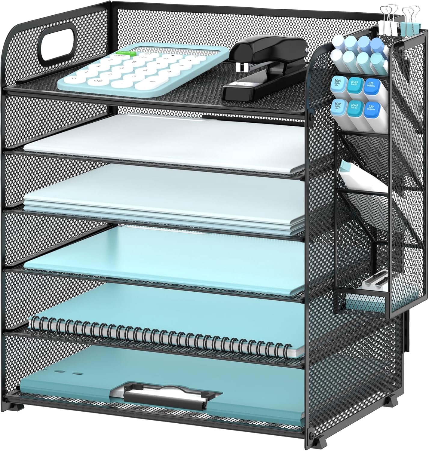 SUPEASY 6 Tier Desk Organizer with 4 Pen Holders, Mesh Paper Organizer Letter Tray with Handle, Desk Organizer Tray File Organizer for A4 File Folder, Black