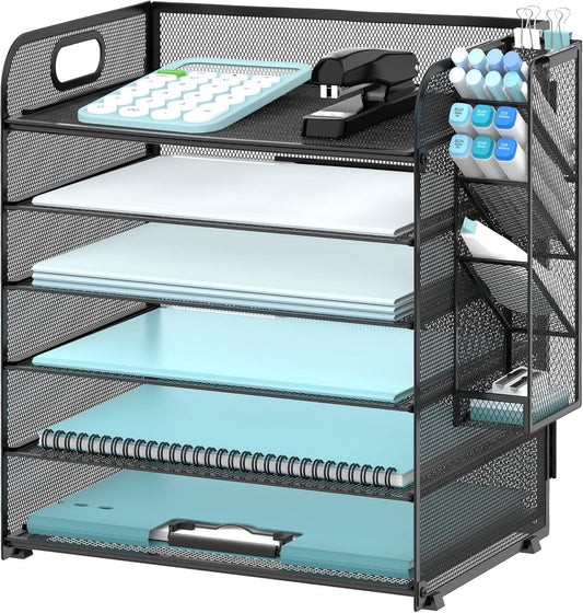 SUPEASY 6 Tier Desk Organizer with 4 Pen Holders, Mesh Paper Organizer Letter Tray with Handle, Desk Organizer Tray File Organizer for A4 File Folder, Black