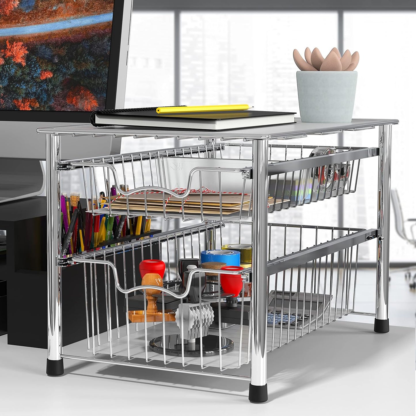Simple Houseware Stackable 3 Tier Sliding Basket Organizer Drawer, Chrome