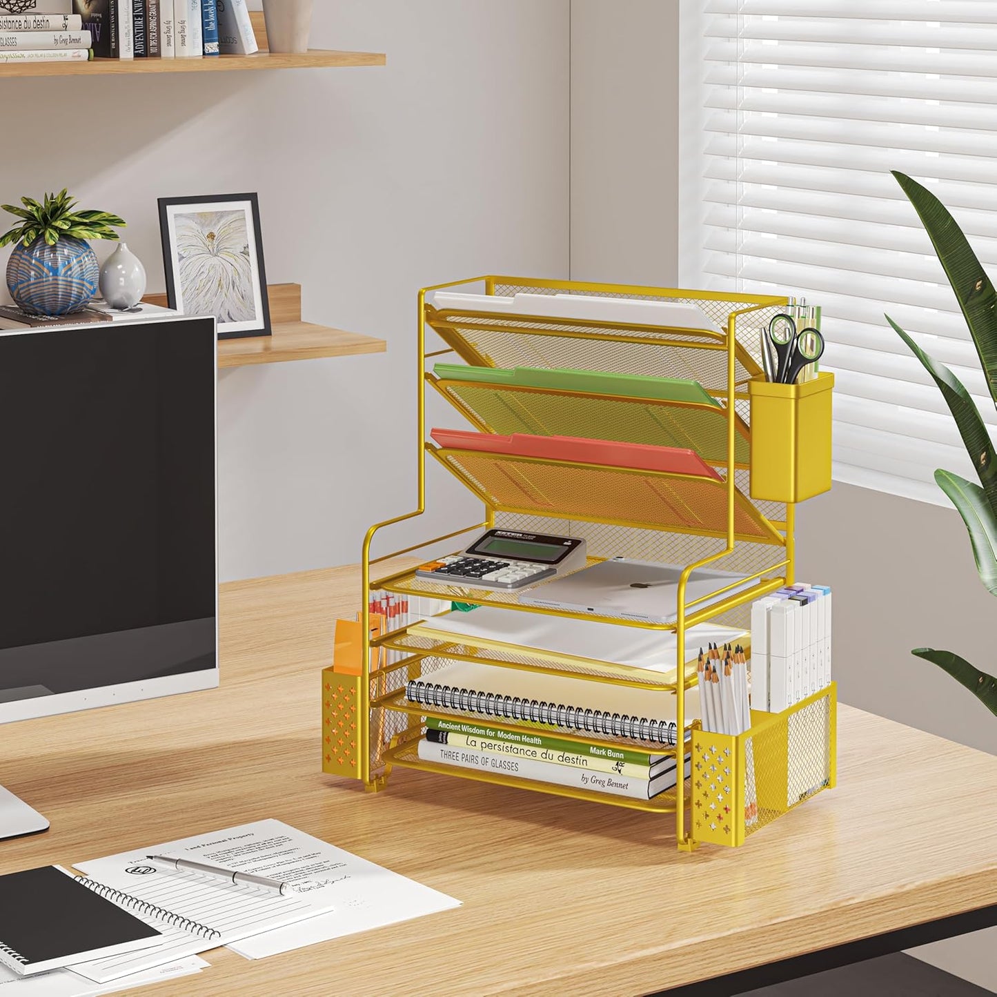 Simple Trending 7 Tier Desk File Organizer, Letter Tray Paper Organizer with Pen Holder and Metal Hanging Basket, Black