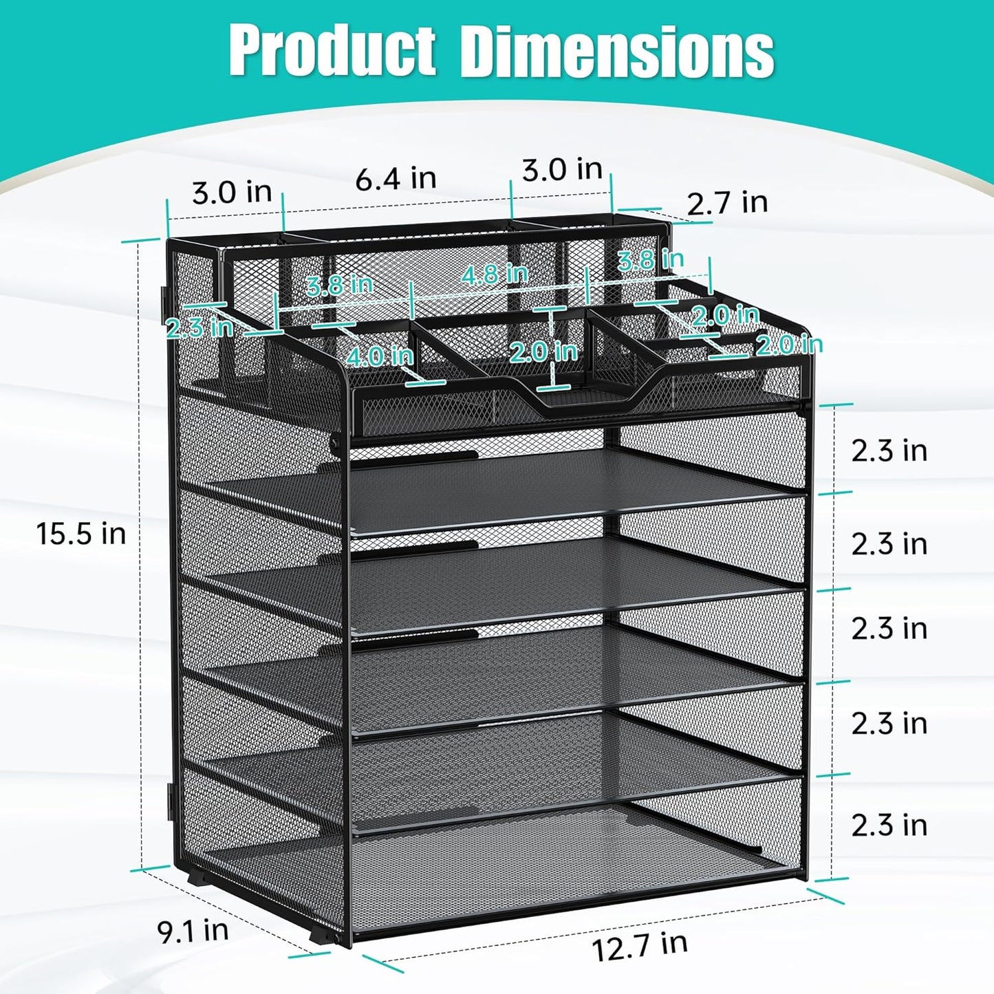 5 Tier Mesh Desk Organizer,Multi Functional Letter Paper Tray with 3 Pen Holders and 5 Adjustable Storage Compartments for Office Supplies Files and Mail Space Saving Desktop Organizer-Black