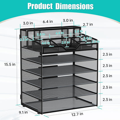 5 Tier Mesh Desk Organizer,Multi Functional Letter Paper Tray with 3 Pen Holders and 5 Adjustable Storage Compartments for Office Supplies Files and Mail Space Saving Desktop Organizer-Black