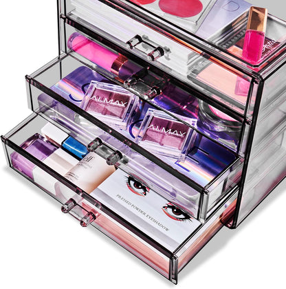 Sorbus Acrylic Makeup Organizer Set, 4-Drawer Vanity & Countertop Cosmetic Storage with Wide Drawers, Clear Makeup Storage for Brushes, Lipsticks, Jewelry – Holiday Gift for Women & Teens