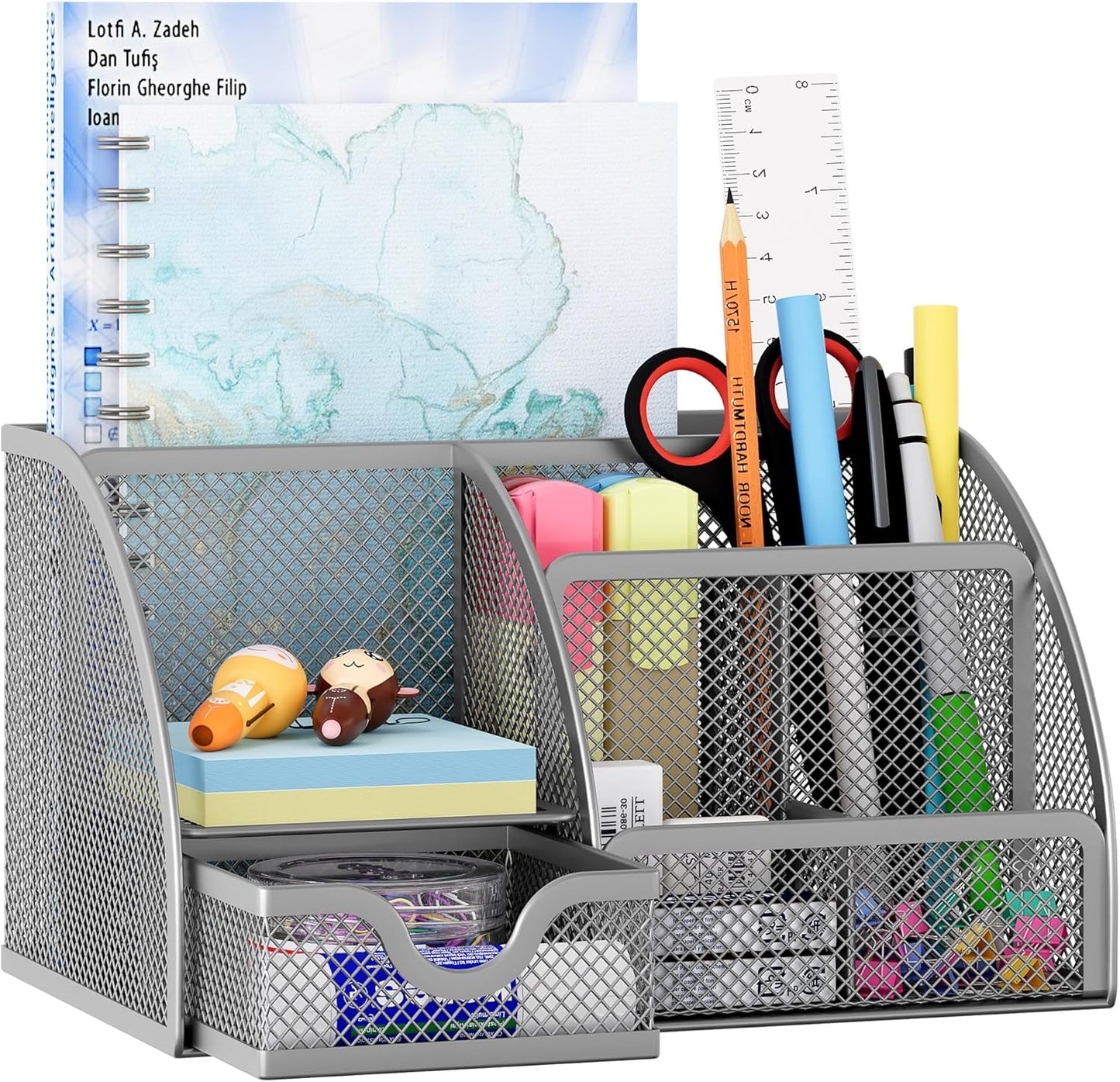 EasyPAG Mesh Desk Organizer with Drawer Multi-functional Pen Holder Stationery Organizer for Office School Supplies 6 Compartments Dorm Organizers and Storage for Desk, Black