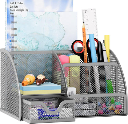 EasyPAG Mesh Desk Organizer with Drawer Multi-functional Pen Holder Stationery Organizer for Office School Supplies 6 Compartments Dorm Organizers and Storage for Desk, Black