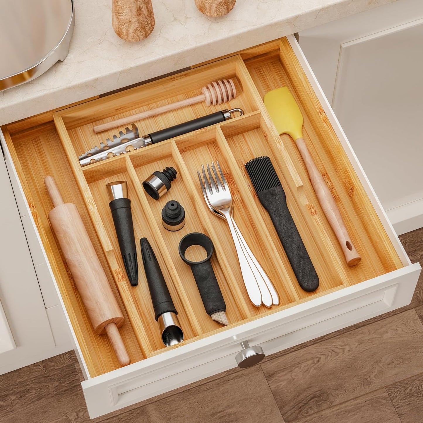 BAMEOS drawer organizer flatware organizer cutlery tray silverware organizer expandable adjustable bamboo drawer organizer kitchen bathroom