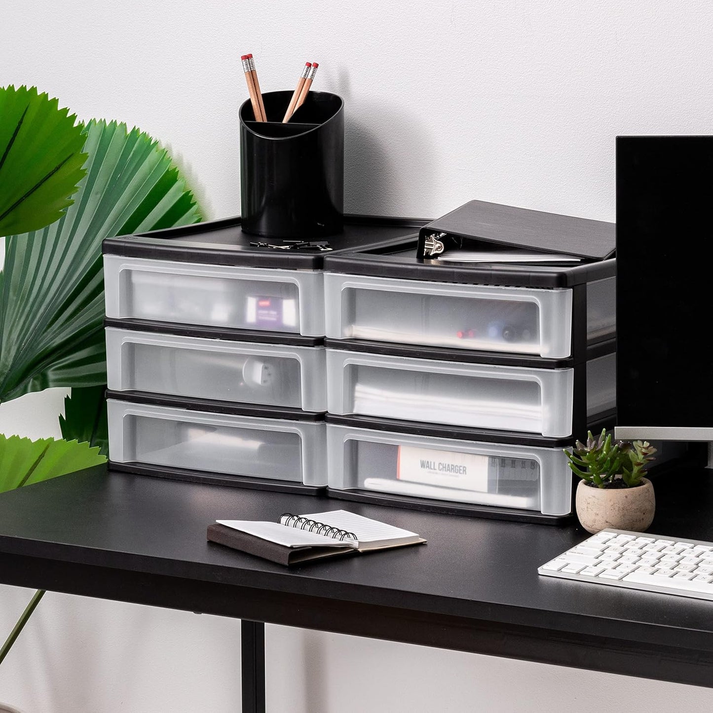 IRIS USA Plastic Stacking Desk Top 3-Drawer Storage Organizer, 2-Pack, for Makeup Vanity Nail Polish Bathroom Stationery Art Craft Supplies Kitchen Office Garage and Small Organization, Small, Black