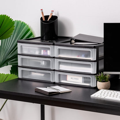 IRIS USA Plastic Stacking Desk Top 3-Drawer Storage Organizer, 2-Pack, for Makeup Vanity Nail Polish Bathroom Stationery Art Craft Supplies Kitchen Office Garage and Small Organization, Small, Black