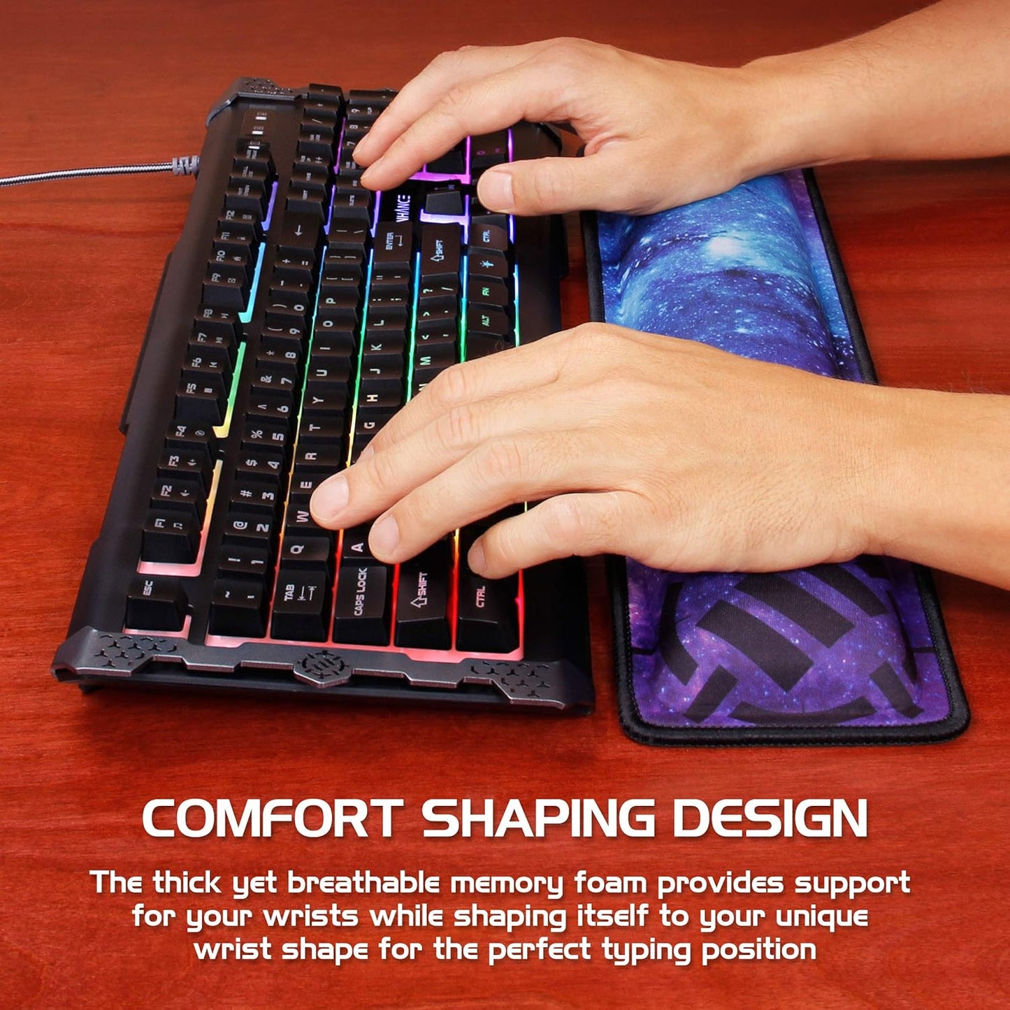 ENHANCE Keyboard Wrist Rest - Keyboard Wrist Support with Memory Foam Pad and Premium Anti-Fray Stitching - Fits Full Size Boards Helps with Pain for PC, Laptop, Office Typing - Galaxy