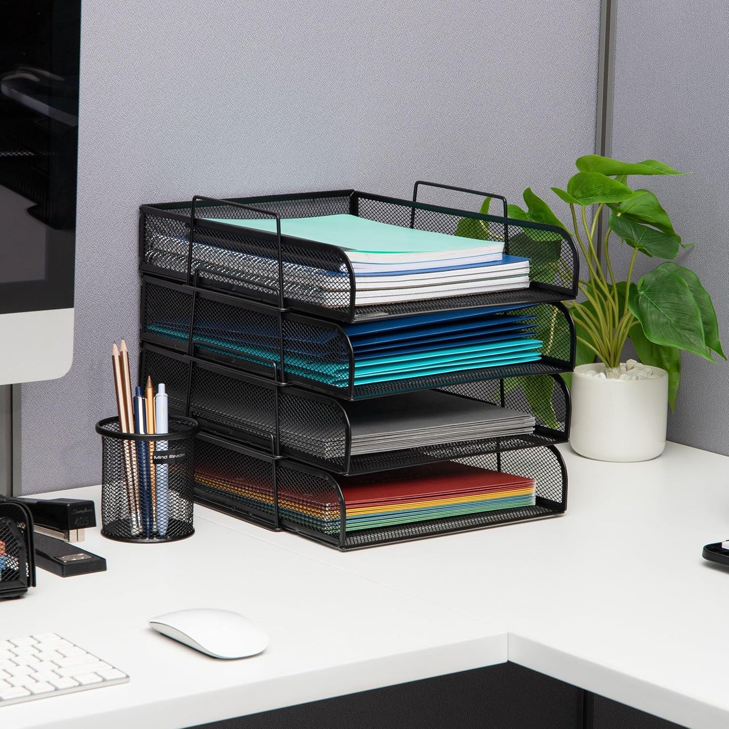 Mind Reader Stackable Paper Tray, Desktop Organizer, File Storage, Office, Metal Mesh, 10.5" L x 13.5" W x 11.25" H, 4 Pcs., Pink