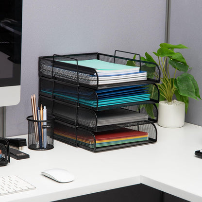 Mind Reader Stackable Paper Tray, Desktop Organizer, File Storage, Office, Metal Mesh, 10.5" L x 13.5" W x 11.25" H, 4 Pcs., Pink